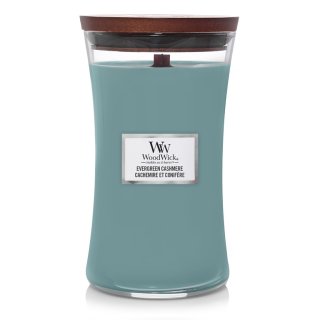 Woodwick Evergreen Cashmere świeczka zapachowa z drewnianym knotem 610 g