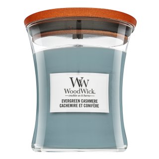 Woodwick Evergreen Cashmere świeczka zapachowa z drewnianym knotem 275 g